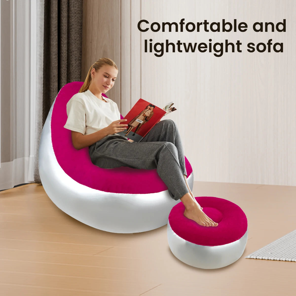 Inflatable Lazy Sofa Chair Folding Portable Lazy Sofa with Foot Stool Air Couch Sofa for Livingroom and Bedroom