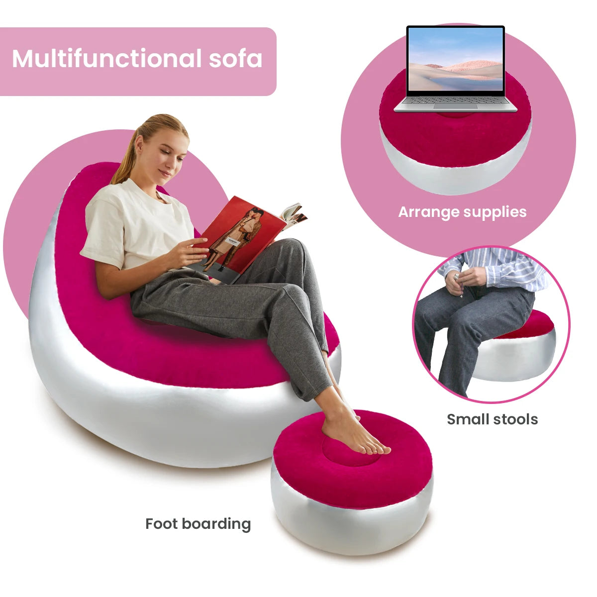 Inflatable Lazy Sofa Chair Folding Portable Lazy Sofa with Foot Stool Air Couch Sofa for Livingroom and Bedroom