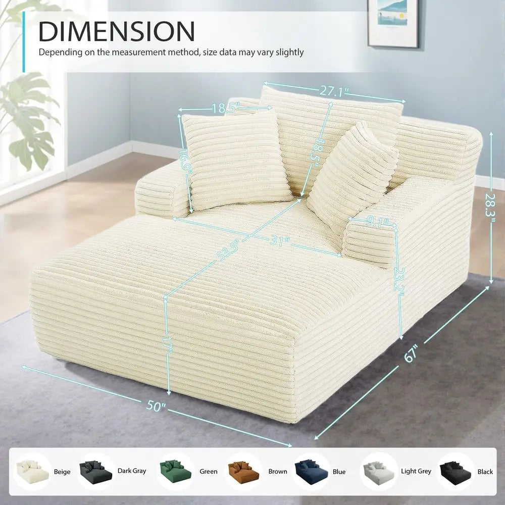 67 Indoor Oversized Corduroy Chaise Lounge Chair, Deep Seat Sleeper Couch for Reading, Cloud Sofa Bed, Living Room Furniture, No